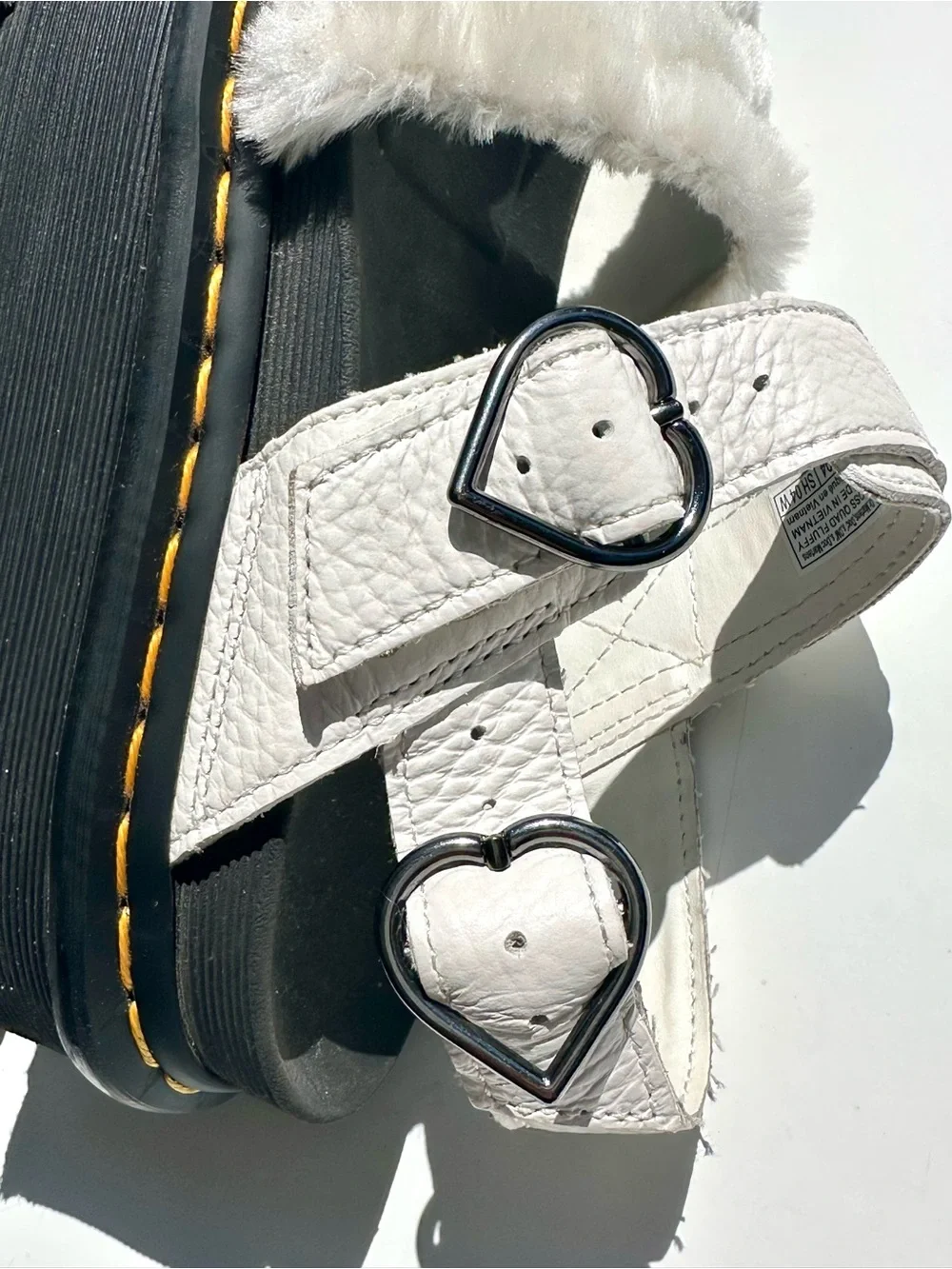 Dr. Martens Voss White Faux-Fur & Leather Platform Sandals Black Sole, UK 4 US 6